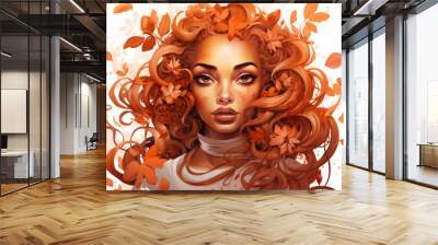 An illustration of a beautiful african american woman looking at the camera in a white dress with ginger curly hair with leaves in it. A close up model. White background. Copy space. Wall mural