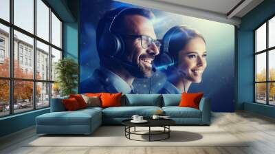 Cheerful man and woman in professional attire and headsets are set against a glowing, abstract background. suitable for representing modern customer support, friendly service team. Wall mural