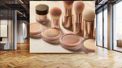 Cosmetics, makeup brushes, powders in elegant packaging, close-up beauty products concept Wall mural