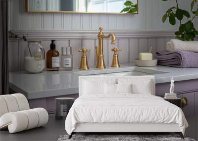 Elegant bathroom vanity with gold faucet, fixtures, hardware and lavender decor creating a serene atmosphere, self-care concept Wall mural