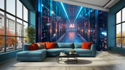 inside a dynamic data center with a central ai sign, illustrating the role of artificial intelligenc Wall mural