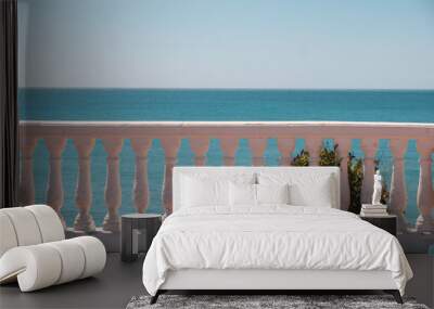 white stairs railings on blue sea background in Spain, copy space Wall mural