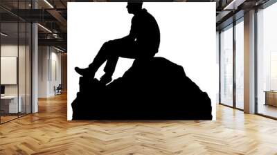 Silhouette of Man Observing Nature on Rock – Vector Art Isolated on White Wall mural