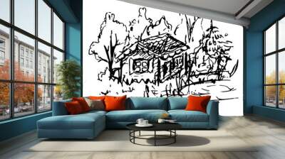 Black and white village house sketched line art vector Wall mural