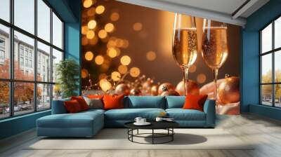 Two elegant champagne glasses with sparkling beverage and festive decorations on table Wall mural