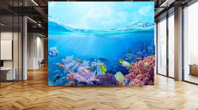 Animals of the sea world. Underwater panoramic view of the coral reef. Colorful tropical fish. Ecosystem.  Wall mural