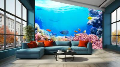 Animals of the underwater sea world. Ecosystem. Colorful tropical fish. Life in the coral reef.  Wall mural