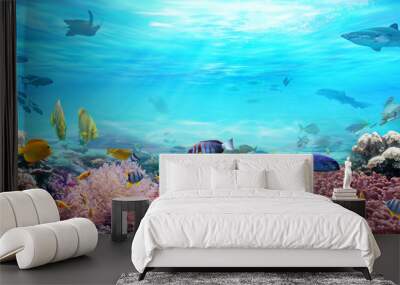 Animals of the underwater sea world. Life in a coral reef. Colorful tropical fish. Hunting shark. Ecosystem. Wall mural