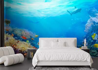 Animals of the underwater sea world. Panoramic view of the coral reef. Colorful tropical fish. Ecosystem.  Wall mural