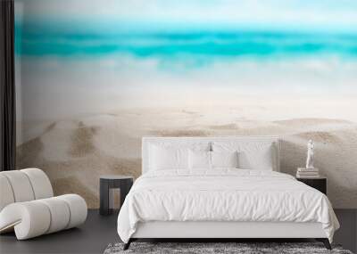 Empty sandy beach. Little shells in the sand. Splashing waves on the seashore. Summer. Wall mural