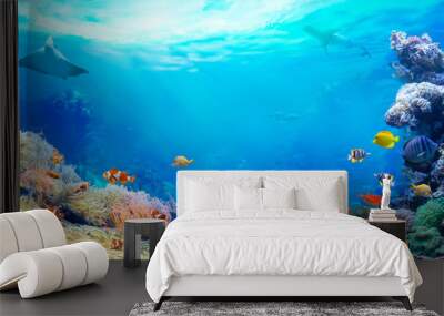 Panoramic view of the coral reef. Animals of the underwater sea world. Ecosystem. Colorful tropical fish.  Wall mural