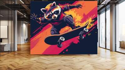 Charming flat logo featuring a cute raccoon confidently skateboarding and flashing a metal hand gesture, epitomizing animal athleticism and style Wall mural