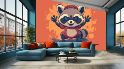 Charming flat logo featuring a cute raccoon confidently skateboarding and flashing a metal hand gesture, epitomizing animal athleticism and style Wall mural