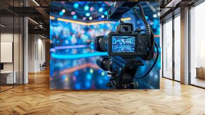 Envision a modern video camera with a digital display capturing an interview in a TV show studio. The blurred background draws focus to the camera and the recording session Wall mural