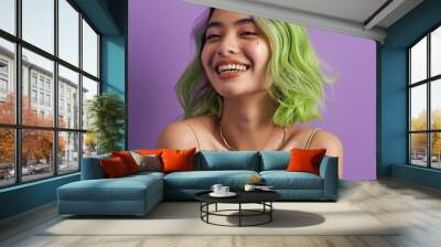 Experience the allure of verdant beauty in this skincare portrait of a joyful 20-year-old Latina model displaying green hair. Against a soft backdrop, with a luminous filter effect and ambient studio  Wall mural