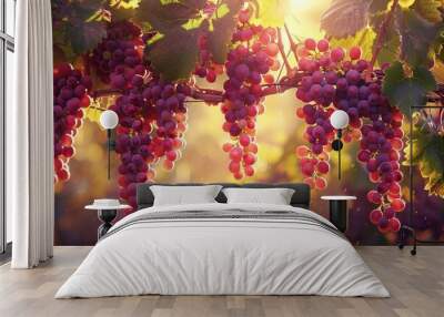 experience the beauty of a lush vineyard with abundant grape clusters on the vines, capturing a sens Wall mural