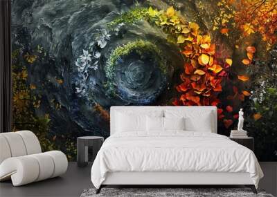 Immerse yourself in a visually mesmerizing artistic representation showcasing the four elements of nature - Earth, Wind, Fire, Air, and Water - forming a circular pattern Wall mural