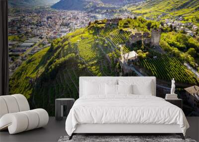 Sondrio, Valtellina , Italy, Castel Grumello and vineyards, aerial view Wall mural