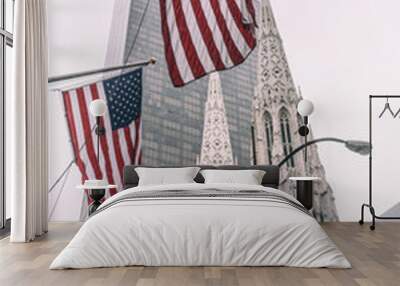 Set of Flags of the United States of America. with new york buildings behind. Wall mural