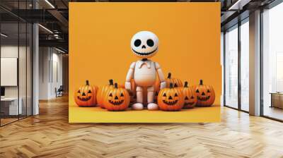 Happy skeleton with jack o lantern halloween scene isolated orange background generative ai Wall mural