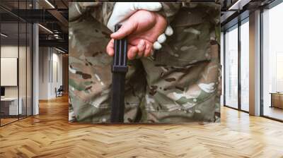 Demonstration with a training knife. The technique of disarming martial arts self-defense attacks against threats and attacks with a knife. Training soldiers to store and disarm weapons. Wall mural