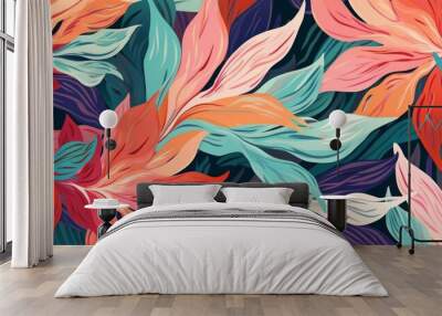 Modern tropical floral pattern. Colorful abstract contemporary seamless pattern. Hand drawn unique print, Generative AI Wall mural