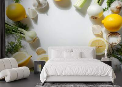 a circle of vegetables lemons and garlic in the style Wall mural