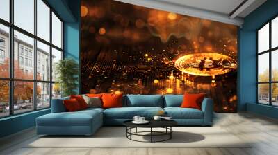 an image showing a gold coin in dark technology backg Wall mural