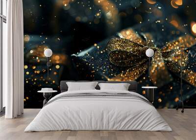 black and gold christmas gift boxes with gold ribbons Wall mural