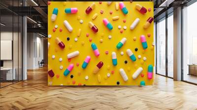 colorful pill fragments randomly scattered on a yello Wall mural