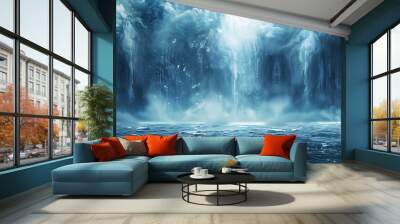 a blue dark water waterfall surrounded by storm cloud Wall mural