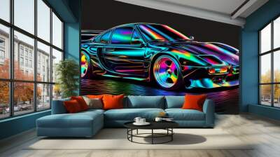 European luxury 1990s vintage classic expensive sports racing car vehicle neon synthwave vaporware retrowave black background created with generative AI technology Wall mural