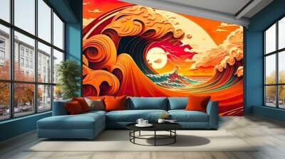 Psychedelic art orange ocean wave sunset painting illustration background wallpaper created with generative AI technology Wall mural