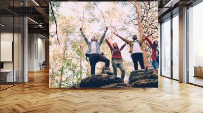 Low angle view of happy young people climbing up mountain raising hands and shouting celebrating success, men are doing high-five. Nature and positive emotions concept. Wall mural