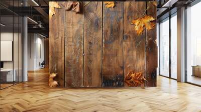 Dry autumn leaves on rustic wooden planks. Autumn background
 Wall mural