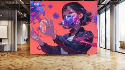 A woman wearing a gas mask is holding a glowing object. The image is a work of art that conveys a sense of danger and fear Wall mural