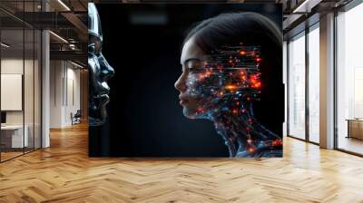 AI Interaction Woman and Robot in Digital Confrontation Wall mural