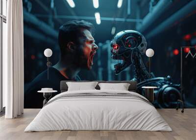 Angry versus Nervous Man and Robot Confrontation in Studio Shot Wall mural