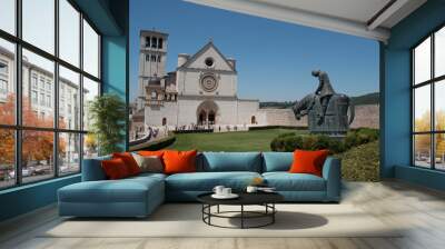 Basilica of San Francesco d'Assisi, facade of the Upper Church with St Francis statue on horse. Wall mural