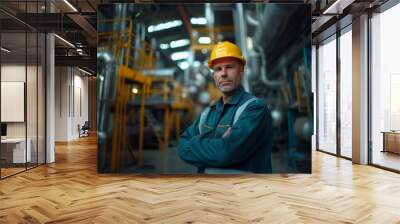 Male Engineer's Persona Confidence Amidst the Maze of Factory Pipes Wall mural