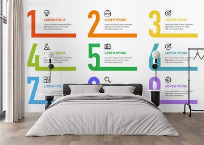 nine colorful numbers or figures and rectangular elements or cards with place for text. infographic  Wall mural