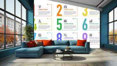 Nine colorful numbers or figures and rectangular elements or cards with place for text. Infographic design template. Creative vector illustration for business options, steps, processes. Wall mural