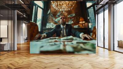 Overwhelmed Businessman at Office Desk with Falling Money Wall mural