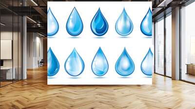 Set of blue water drops over white Wall mural