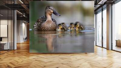 Mallard female duck whit  ducklings swims on a lake from the Danube Delta,Romania. Wall mural