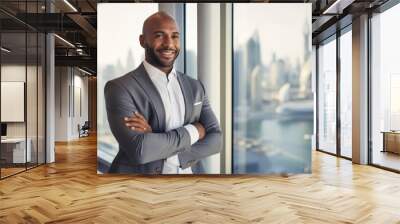 A confident business owner or executive, mid-30s to early 50s, wearing professional attire, standing near a large window. Wall mural