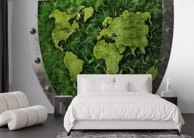 A shield made of grass, with a world map in the middle on transparency background PNG
 Wall mural