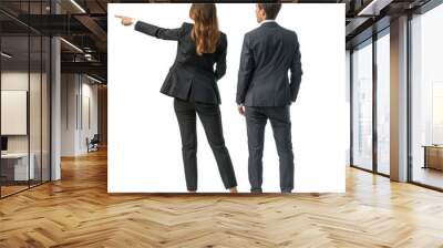 full body back view of businessman and businesswoman pointing over something on transparency background PNG
 Wall mural