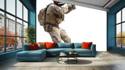 Full body of Army soldier aiming with a rifle side view , on transparency background PNG
 Wall mural