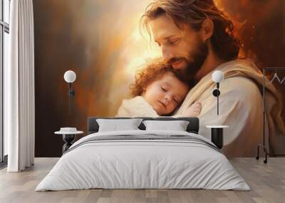 Jesus god holding baby in the cloud  Wall mural